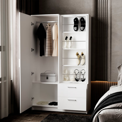 70.9" White Bedroom Wardrobe with Hanging Rod