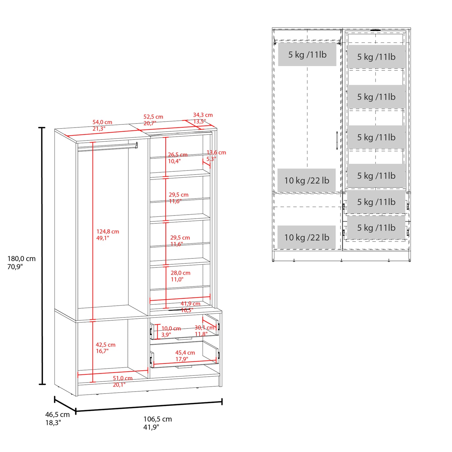 70.9" White Bedroom Wardrobe with Hanging Rod