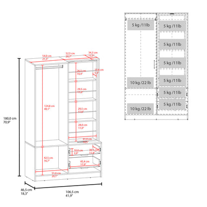 70.9" White Bedroom Wardrobe with Hanging Rod