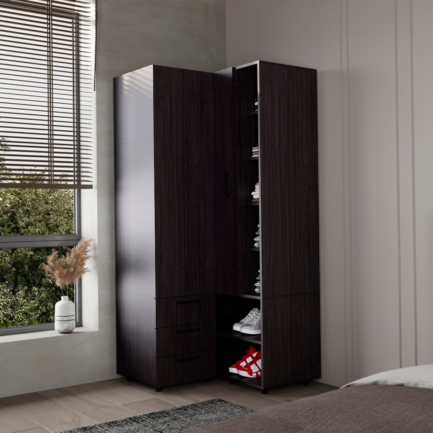 FM FURNITURE Thatcher Armoire- wardrobe, shoe storage, Open Storage and 2 - drawer, Wenge