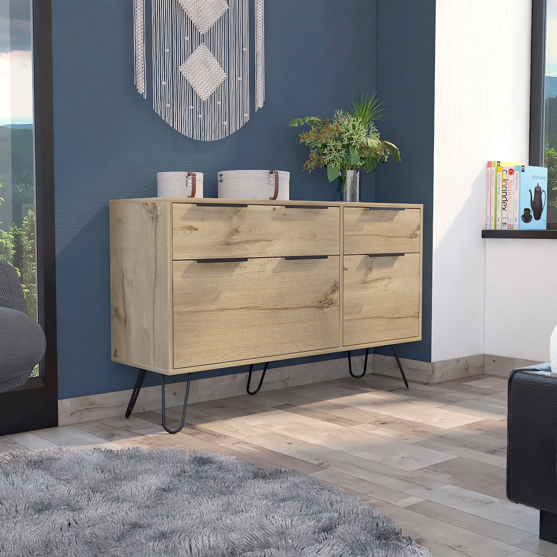 Monaco Double Dresser, Four Drawers, Superior Top, Hairpin Legs