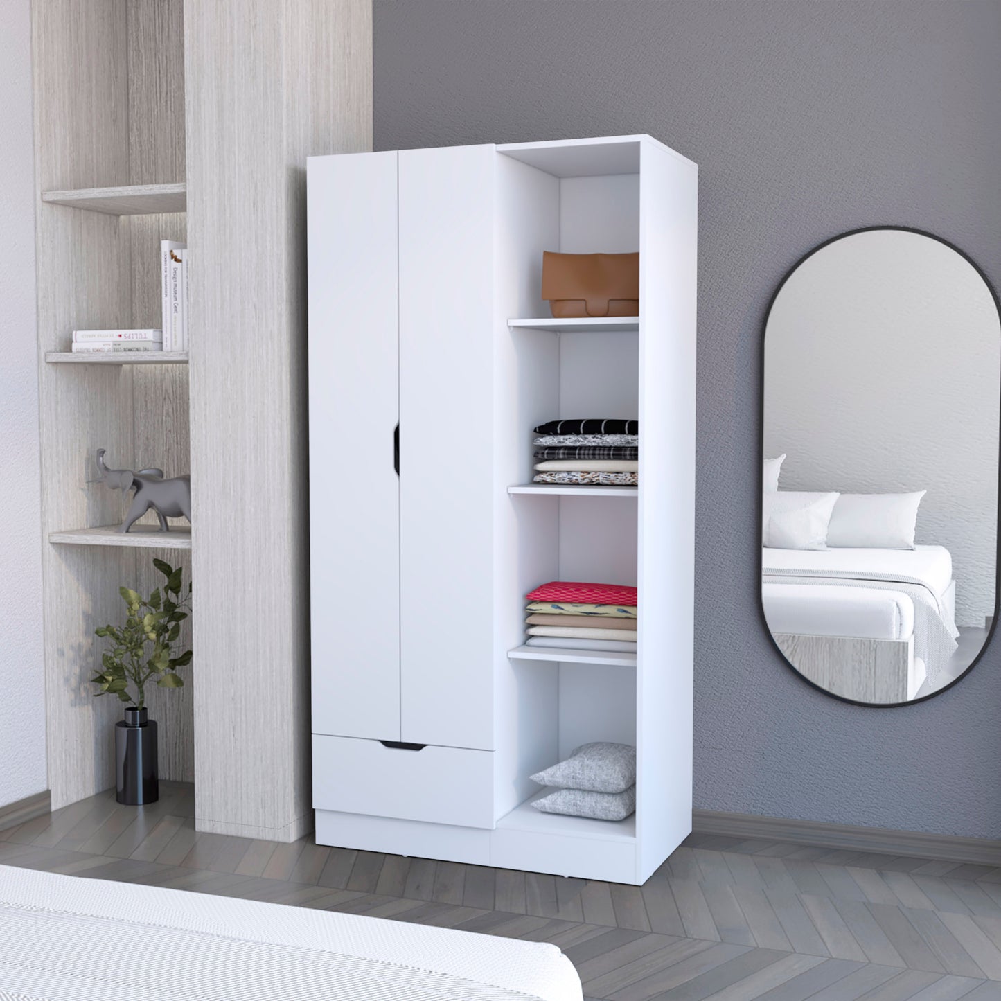 Redmond Armoire with Single Drawer, 4 Storage Shelves and Hanging Rod
