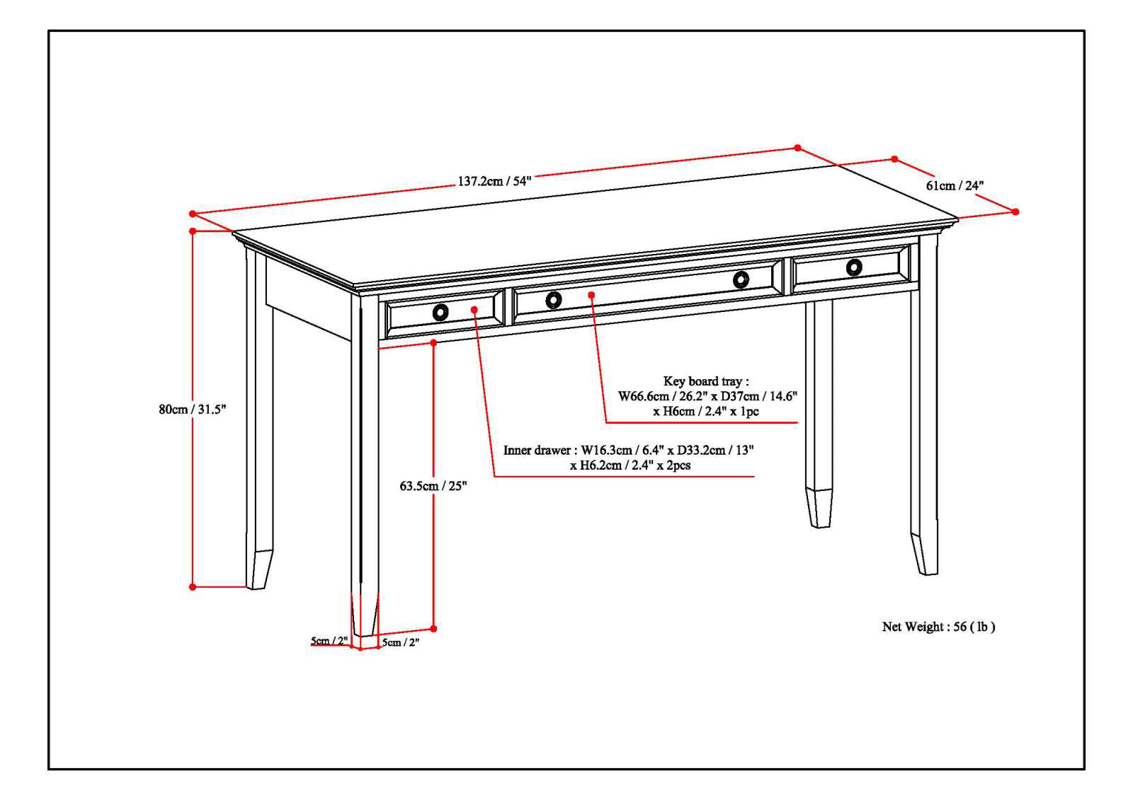 Solid Wood Desk with Keyboard Tray and Storage for Home Office