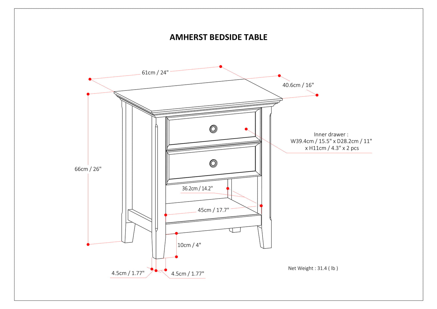 Light Brown Solid Wood Nightstand with Two Drawers for Bedroom Storage