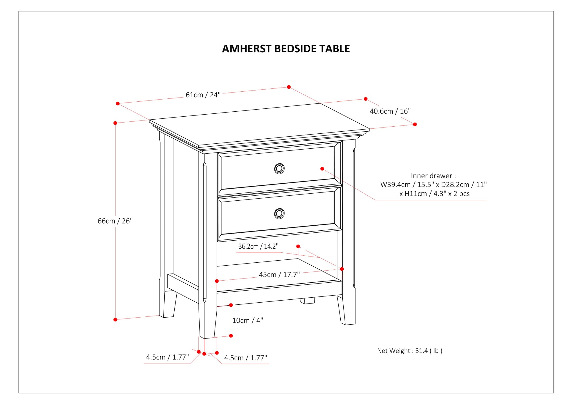 Light Brown Solid Wood Nightstand with Two Drawers for Bedroom Storage