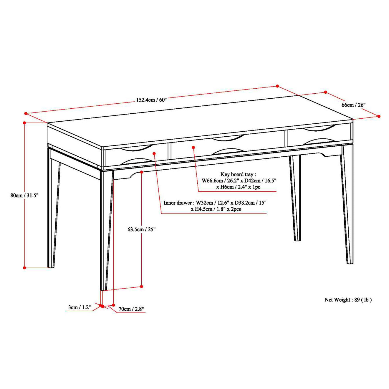 Mid-Century Wood Desk with Keyboard Tray and Storage for Home Office