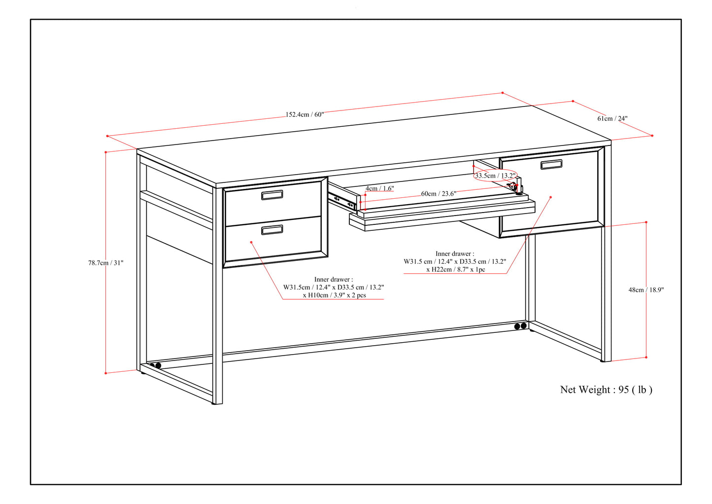 Large Solid Wood Desk with Keyboard Tray and Storage for Office