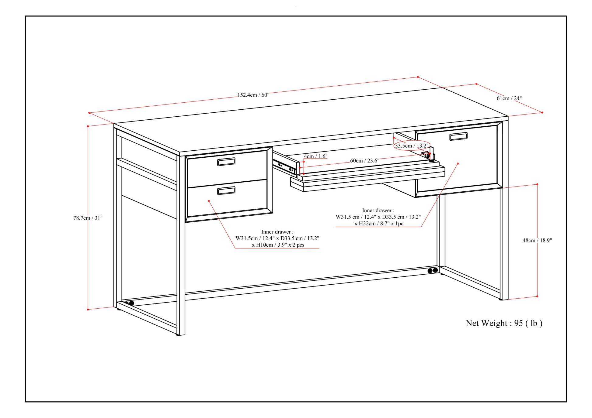 Large Solid Wood Desk with Keyboard Tray and Storage for Office
