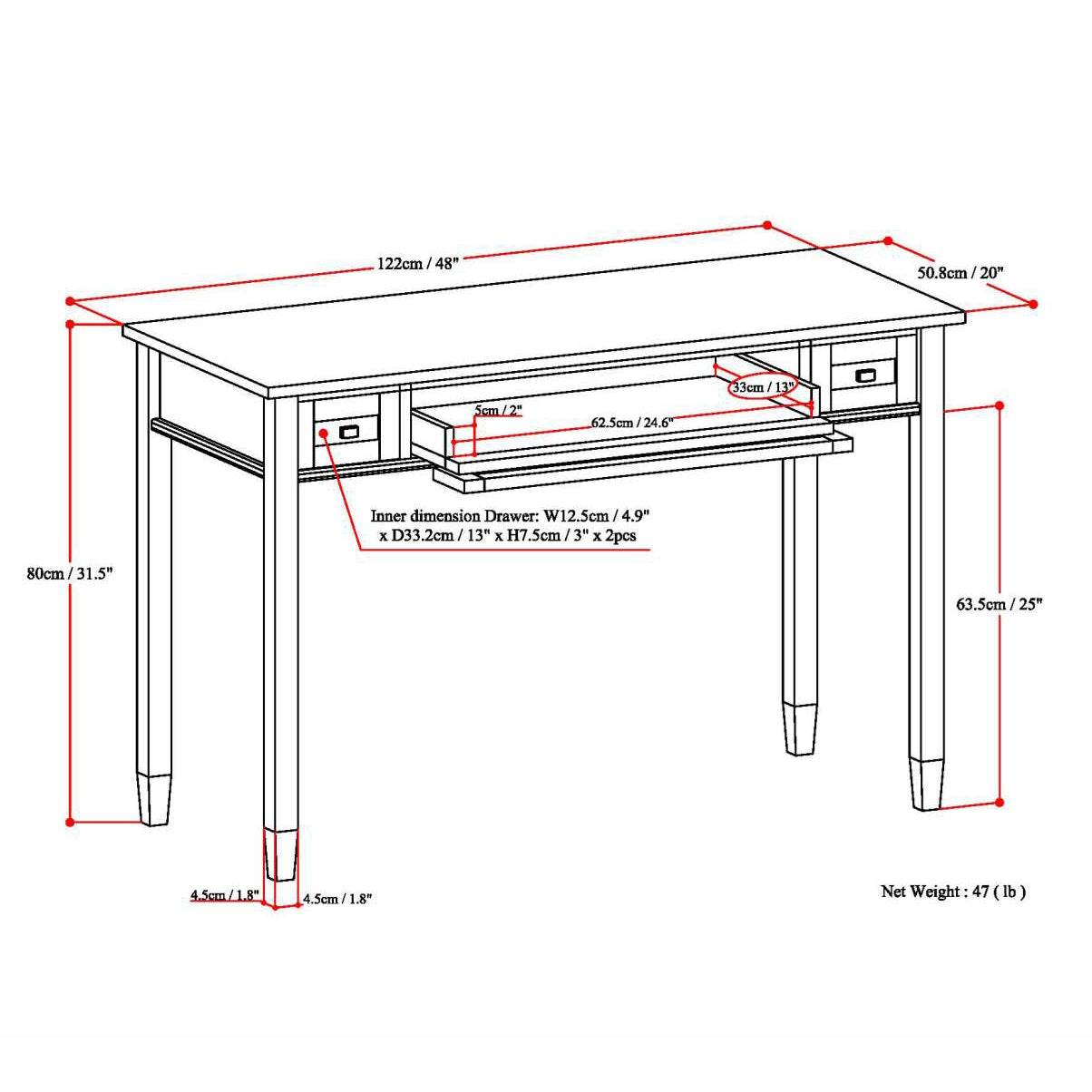 Light Brown Wood Desk - 20" x 48" Workspace for Home Office