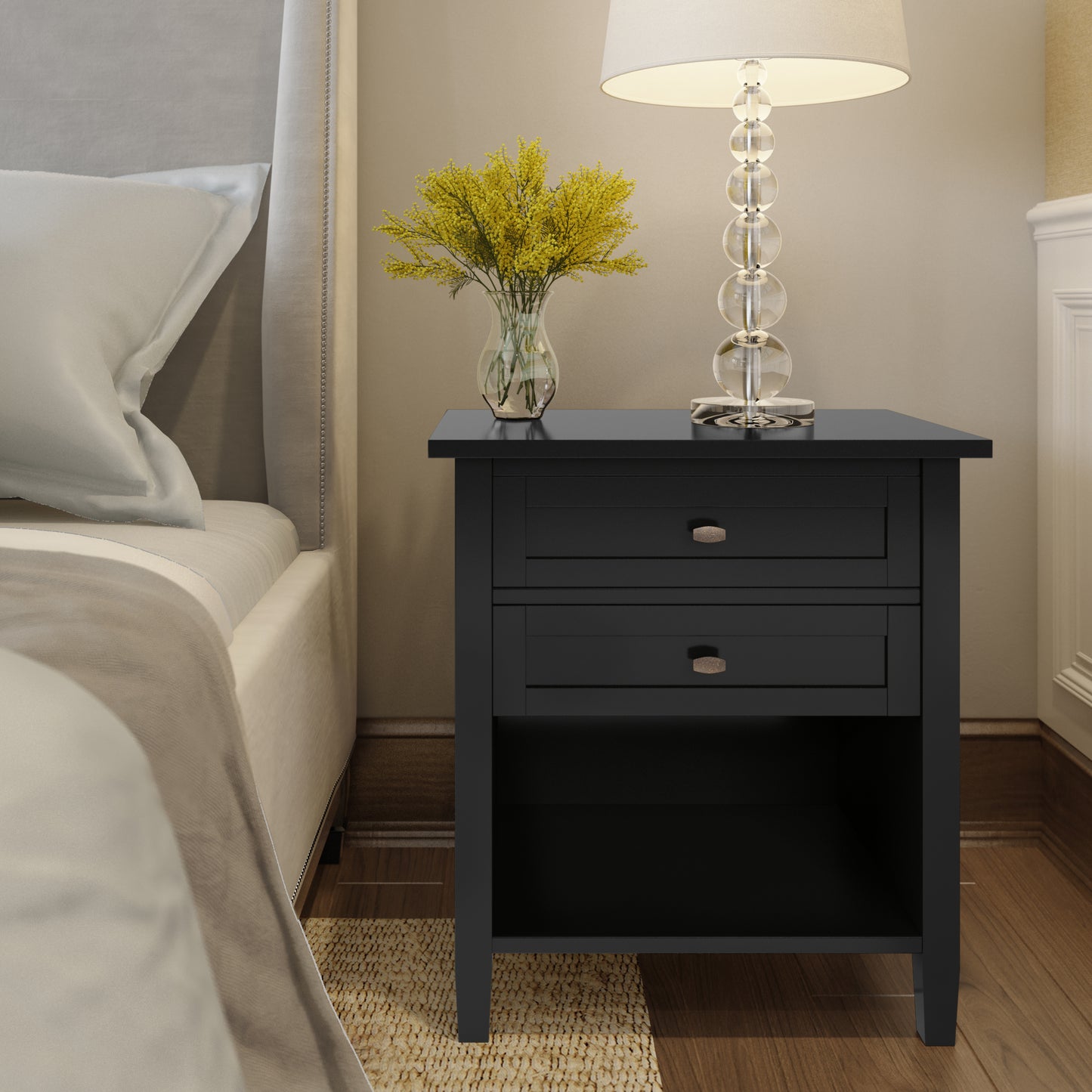 Solid Pine Wood Transitional Nightstand with Black Finish and Storage for Bedroom