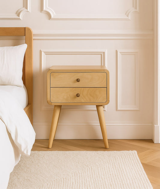 Solid Wood Curved Bedside, 2 Drawers, Oak-ish, Light Brown
