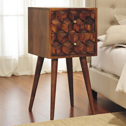 Solid Wood Mini Cube Nightstand, 2-Drawers, Chestnut, Brown