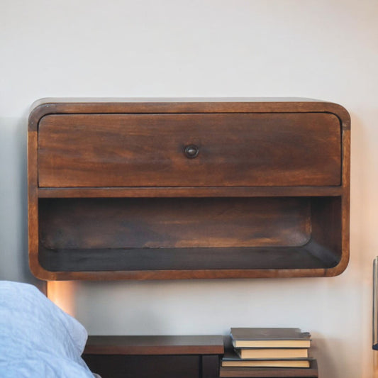 Solid Wood Large Curve Floating Bedside, 1-Drawer, 1 Open Slot, Chestnut, Dark Brown