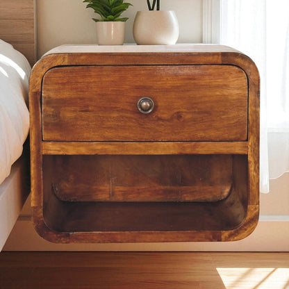 Solid Wood Mini Curve Floating Nightstand, 1-Drawer, 1 Open Slot, Chestnut