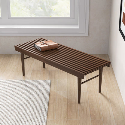 Mia Mid Century Modern Solid Wood Bench with Natural Walnut Stain Finish 15.5'' H x 47.2'' W x 18.1'' D  for Living Room, Hallway, Bedroom, Bathroom