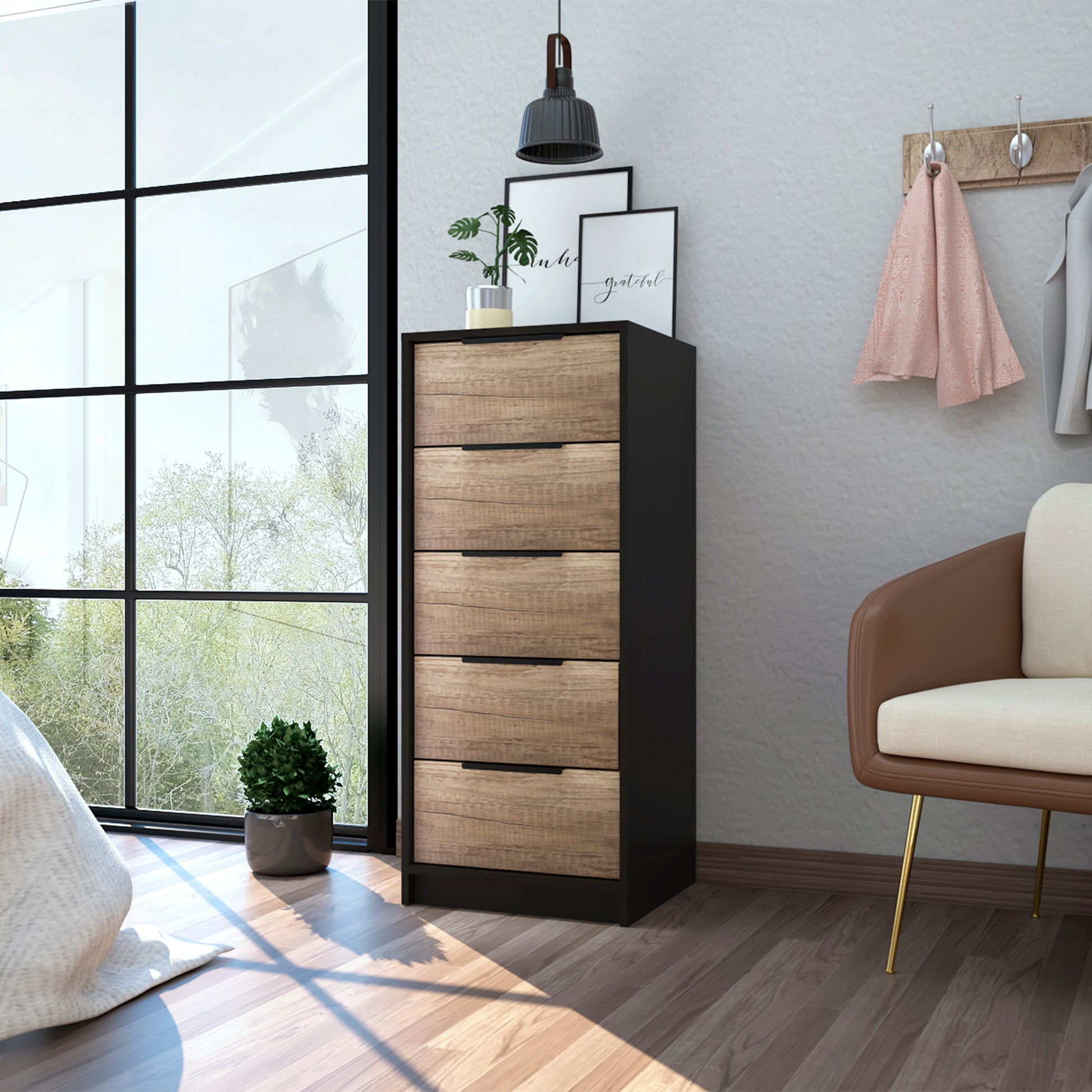 Kaia 5 Drawer Dresser, Vertical Dresser -Black / Pine