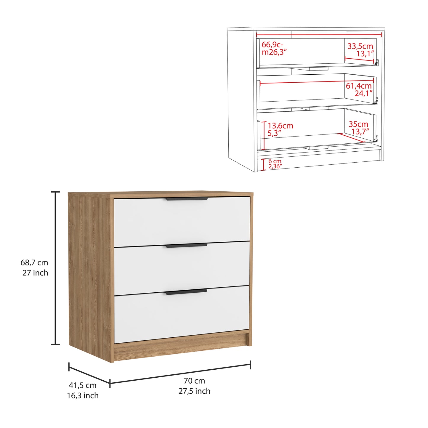 Kaia 3 Drawer Dresser - Multicolor, Modern Style for Bedroom