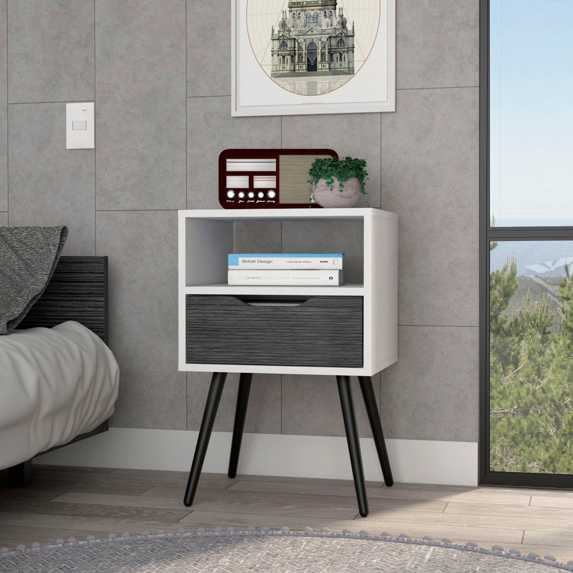 Otom Nightstand , Superior Top, One Open Shelf, One Drawer, Four Legs -Smokey Oak / White