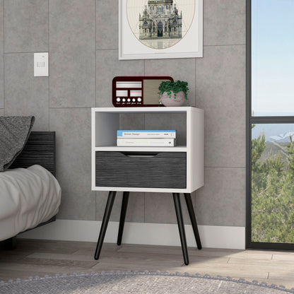 Otom Nightstand , Superior Top, One Open Shelf, One Drawer, Four Legs -Smokey Oak / White