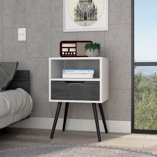 Otom Nightstand , Superior Top, One Open Shelf, One Drawer, Four Legs -Smokey Oak / White