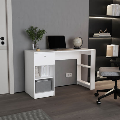 White Rectangular Desk with Four Shelves & One Drawer
