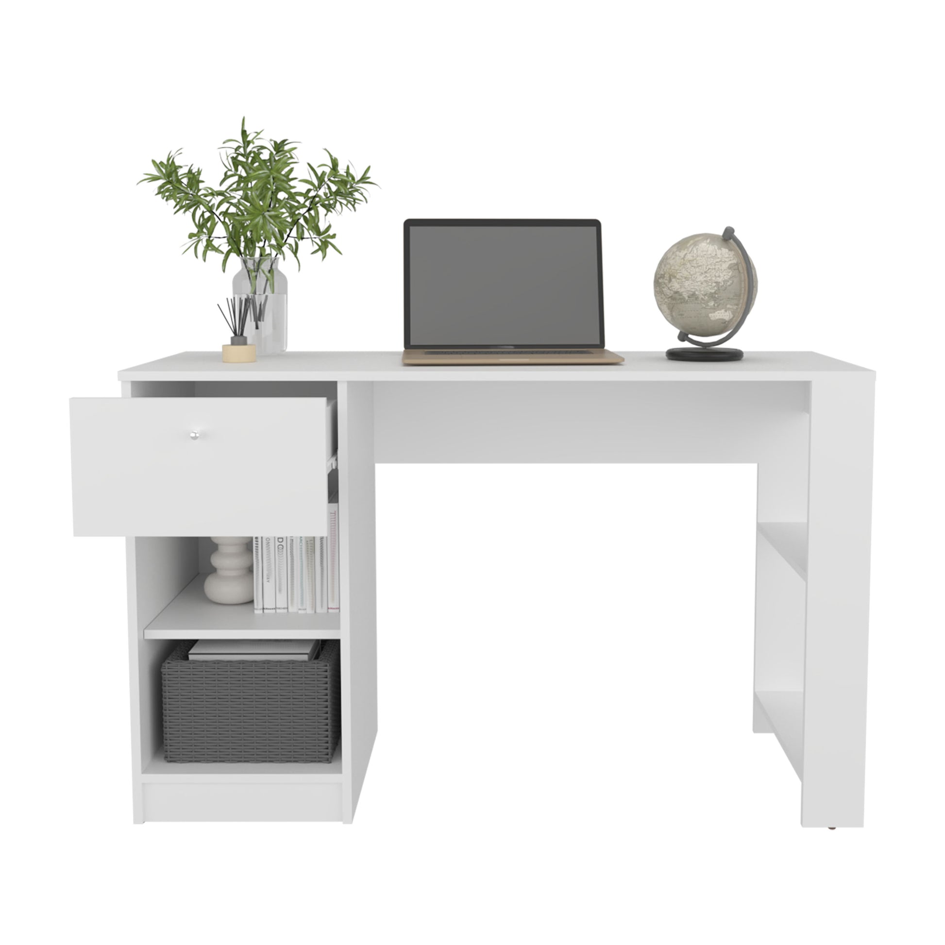 White Rectangular Desk with Four Shelves & One Drawer