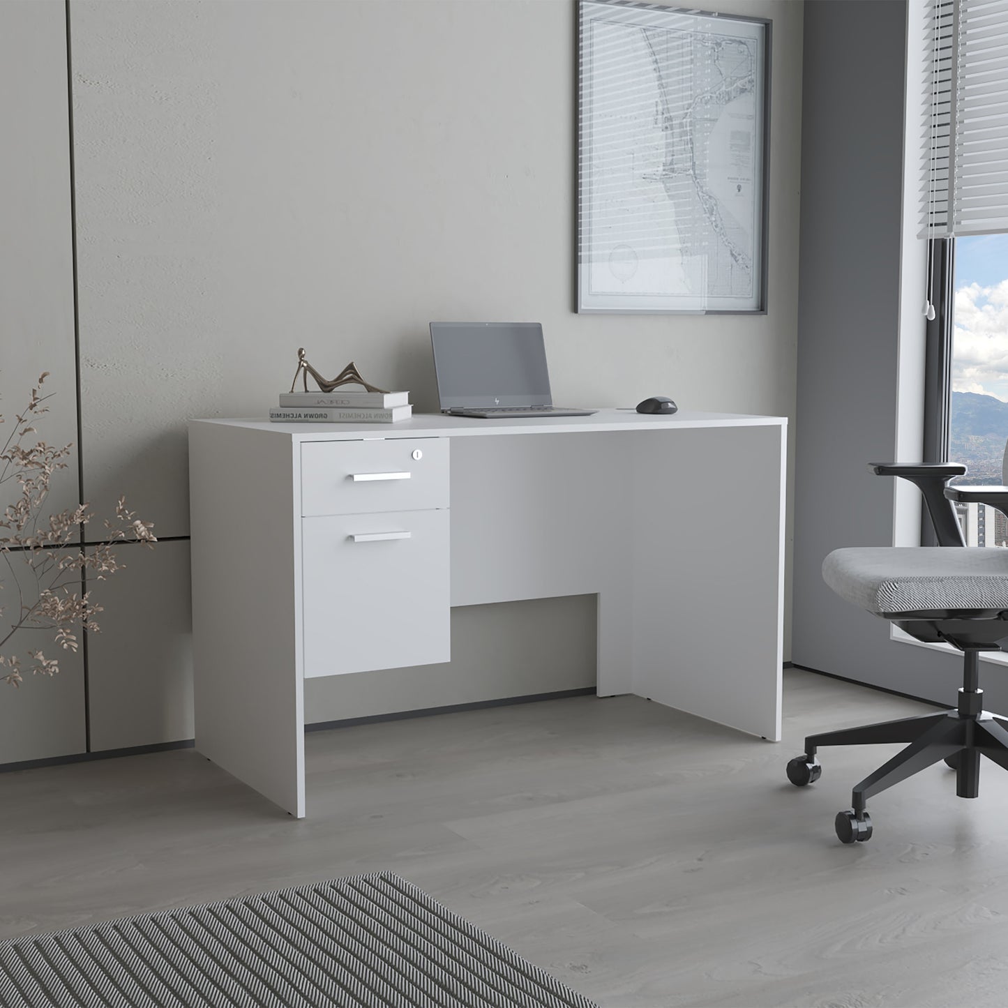 Mellier Modern Office Desk with Two Drawers and Side Storage, Compact Computer Workstation for Home Office or Study Room, White