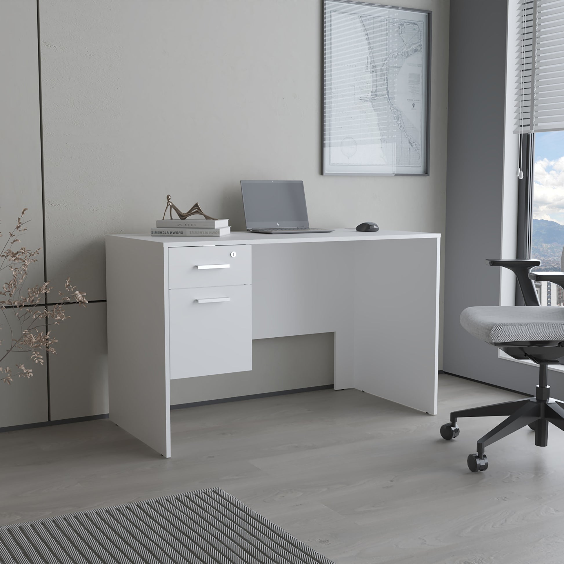 Mellier Modern Office Desk with Two Drawers and Side Storage, Compact Computer Workstation for Home Office or Study Room, White