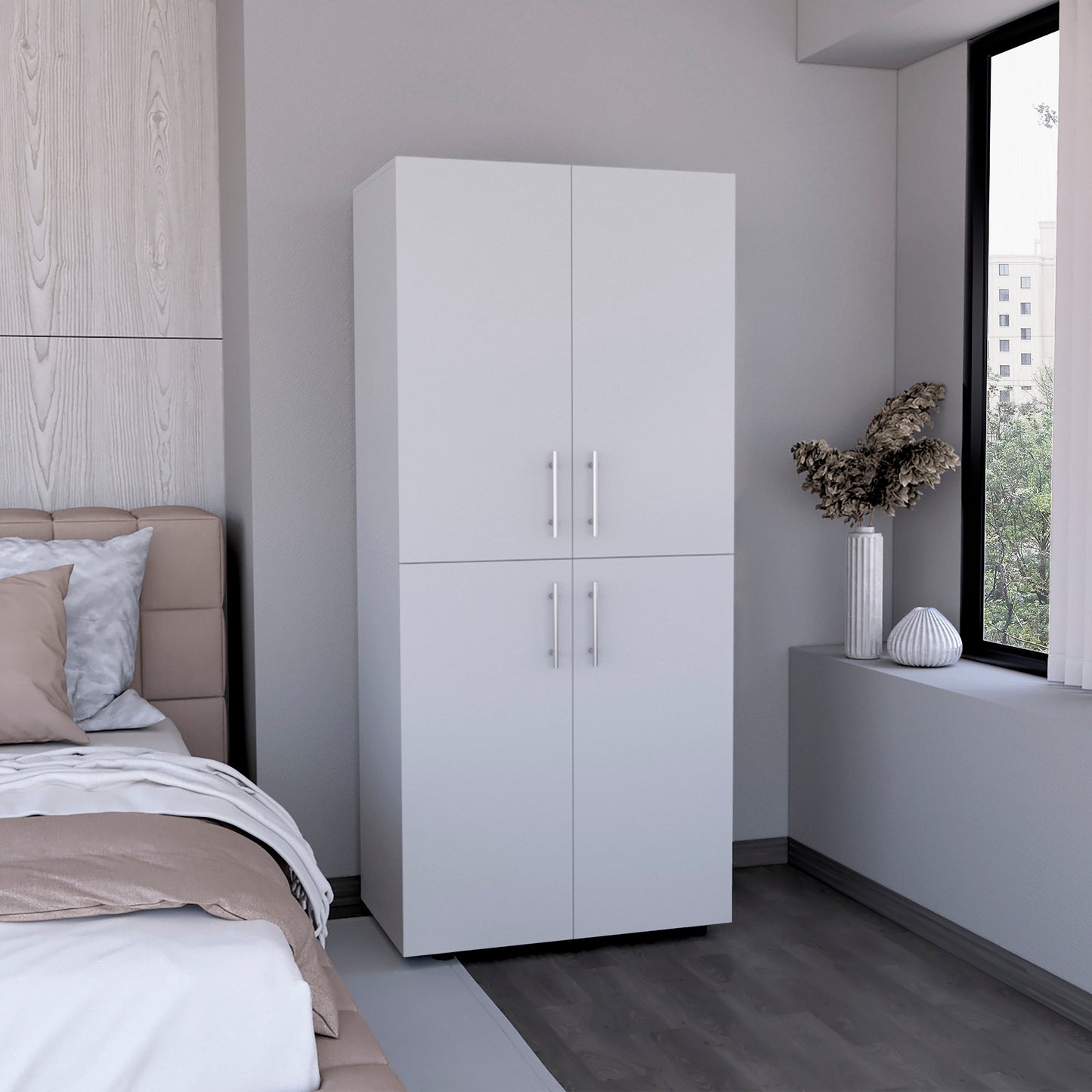 Hazel 70" High Four-Door Armoire Wardrove Closet Cabinet, Six Shelves and Two Hanging Rods, Bedroom Clothes Storage Cabinet Organizer White