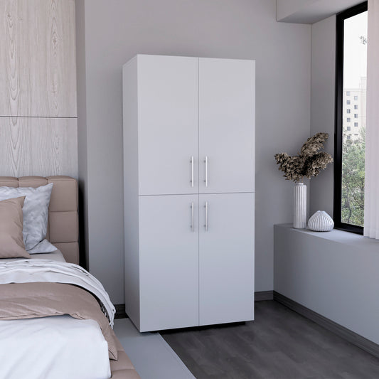 Hazel 70" High Four-Door Armoire Wardrove Closet Cabinet, Six Shelves and Two Hanging Rods, Bedroom Clothes Storage Cabinet Organizer White