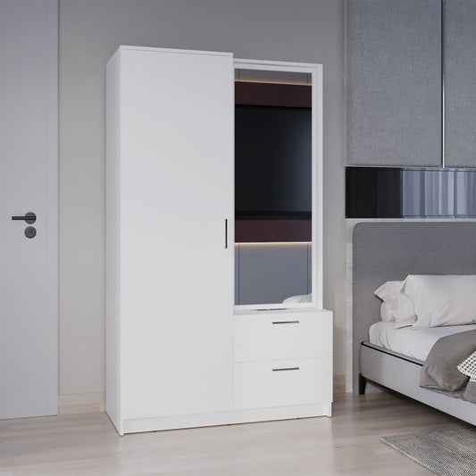 71" White Mirror Armoire with Two Drawers & Hanging Rod for Bedroom