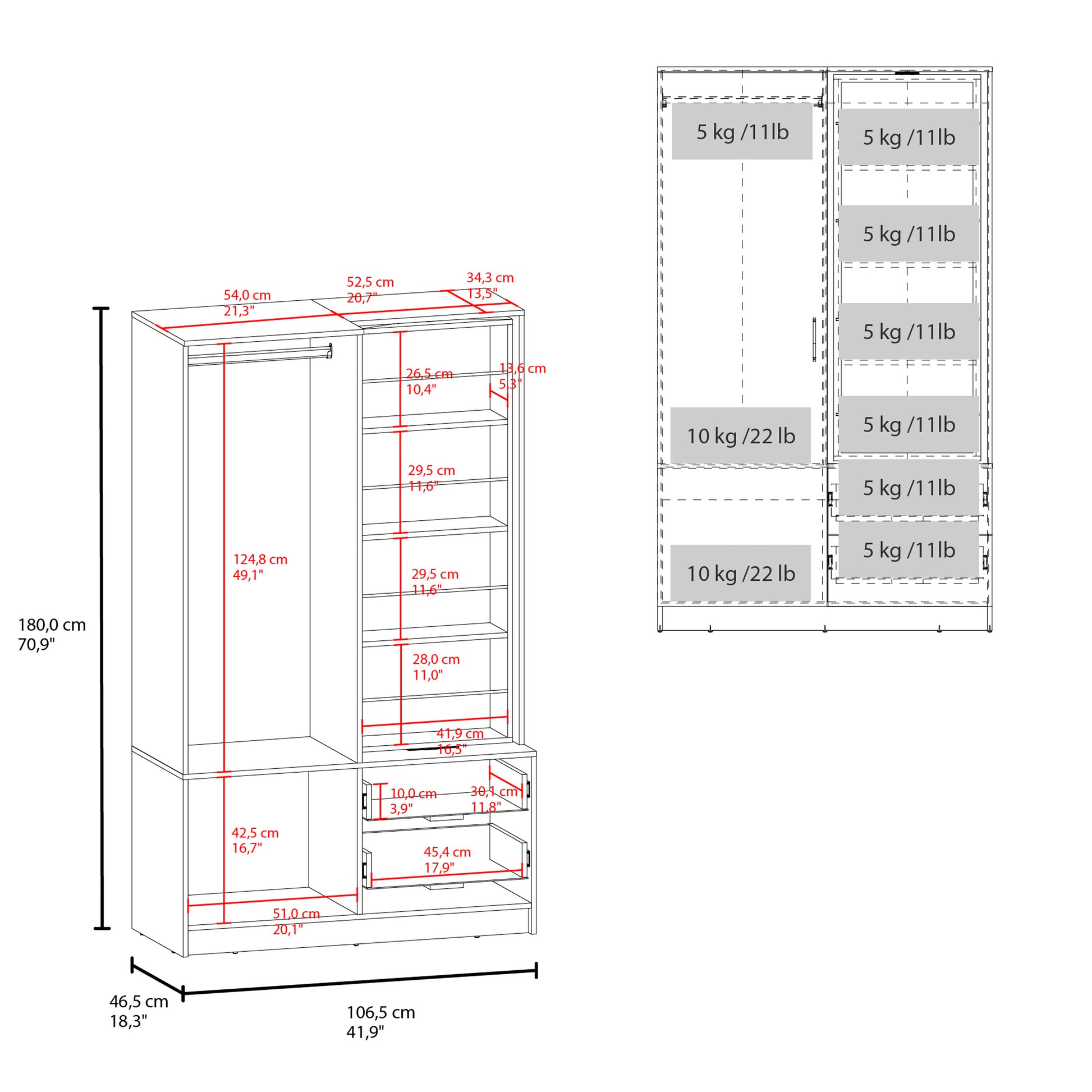 71" White Mirror Armoire with Two Drawers & Hanging Rod for Bedroom