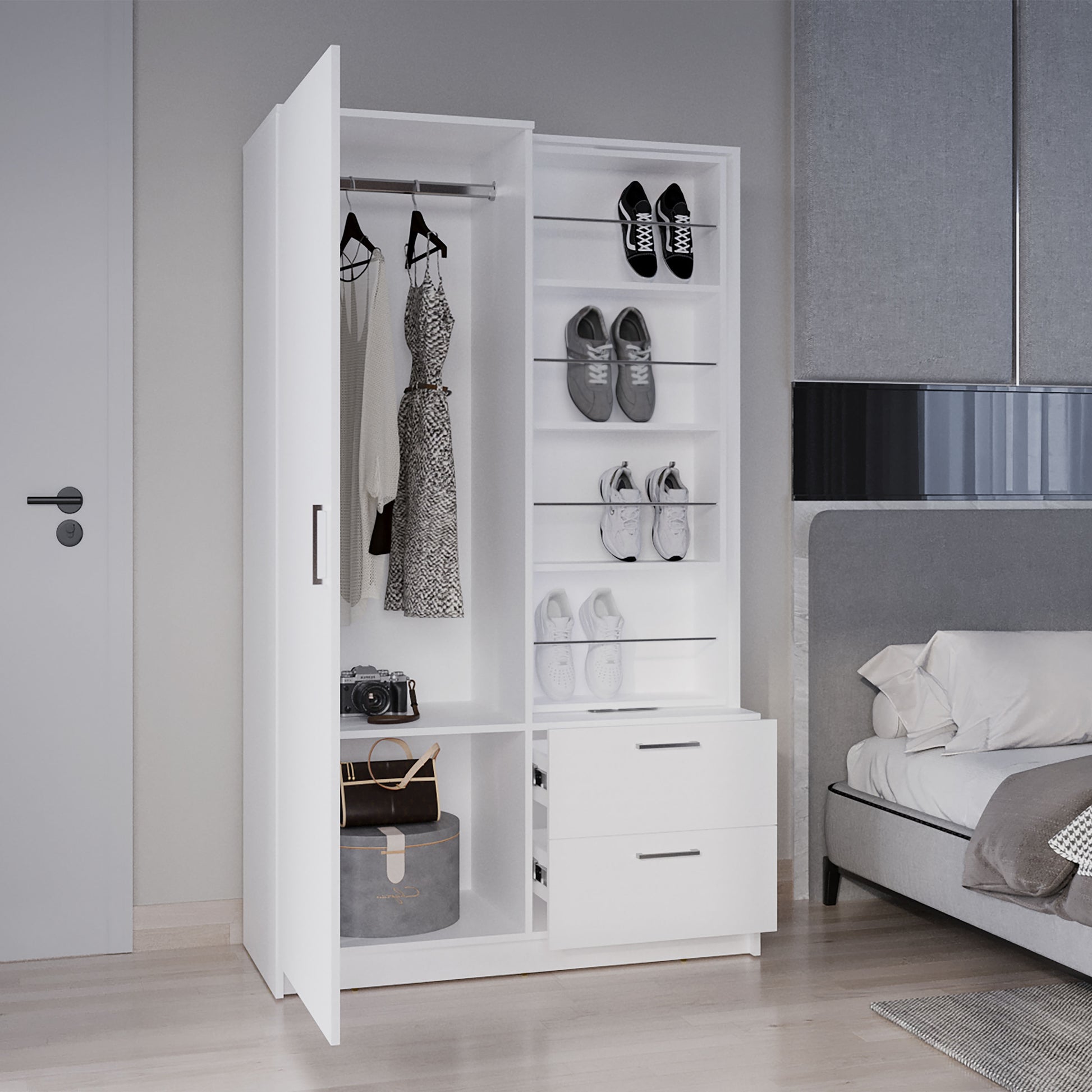 71" White Mirror Armoire with Two Drawers & Hanging Rod for Bedroom