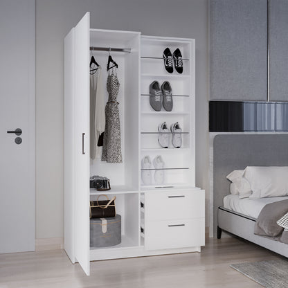 71" White Mirror Armoire with Two Drawers & Hanging Rod for Bedroom