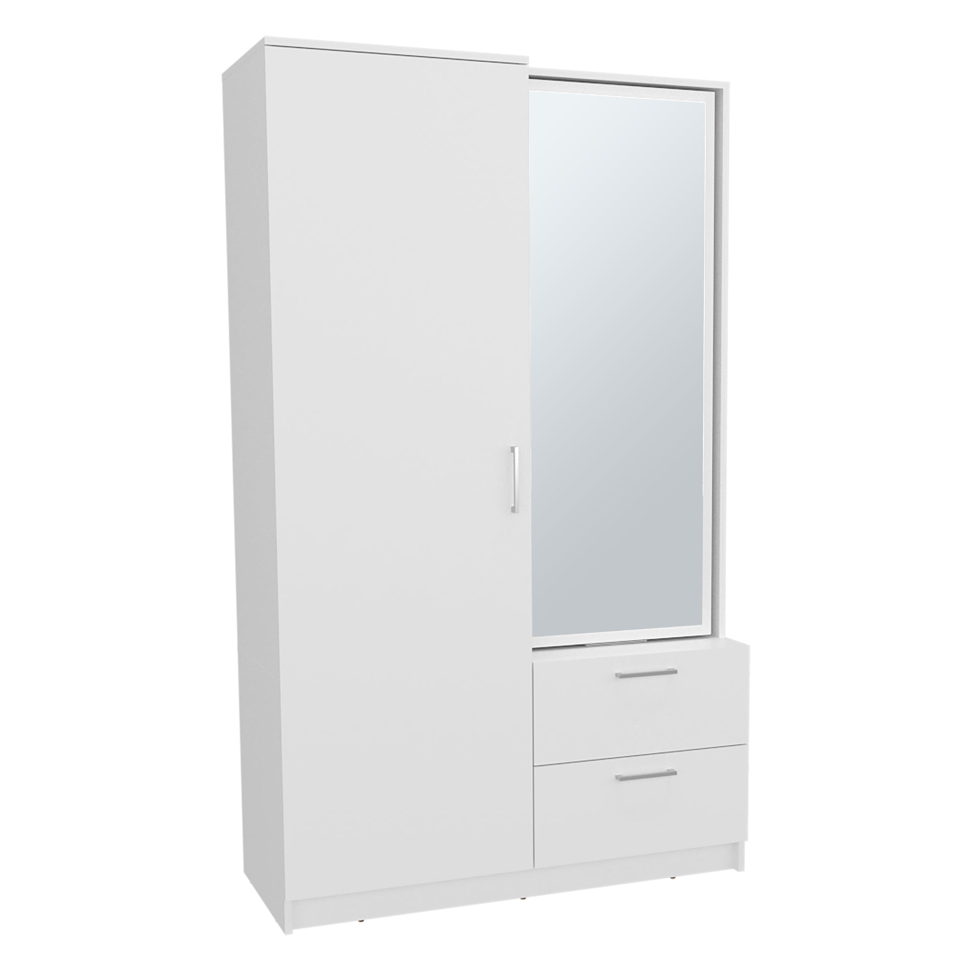 71" White Mirror Armoire with Two Drawers & Hanging Rod for Bedroom