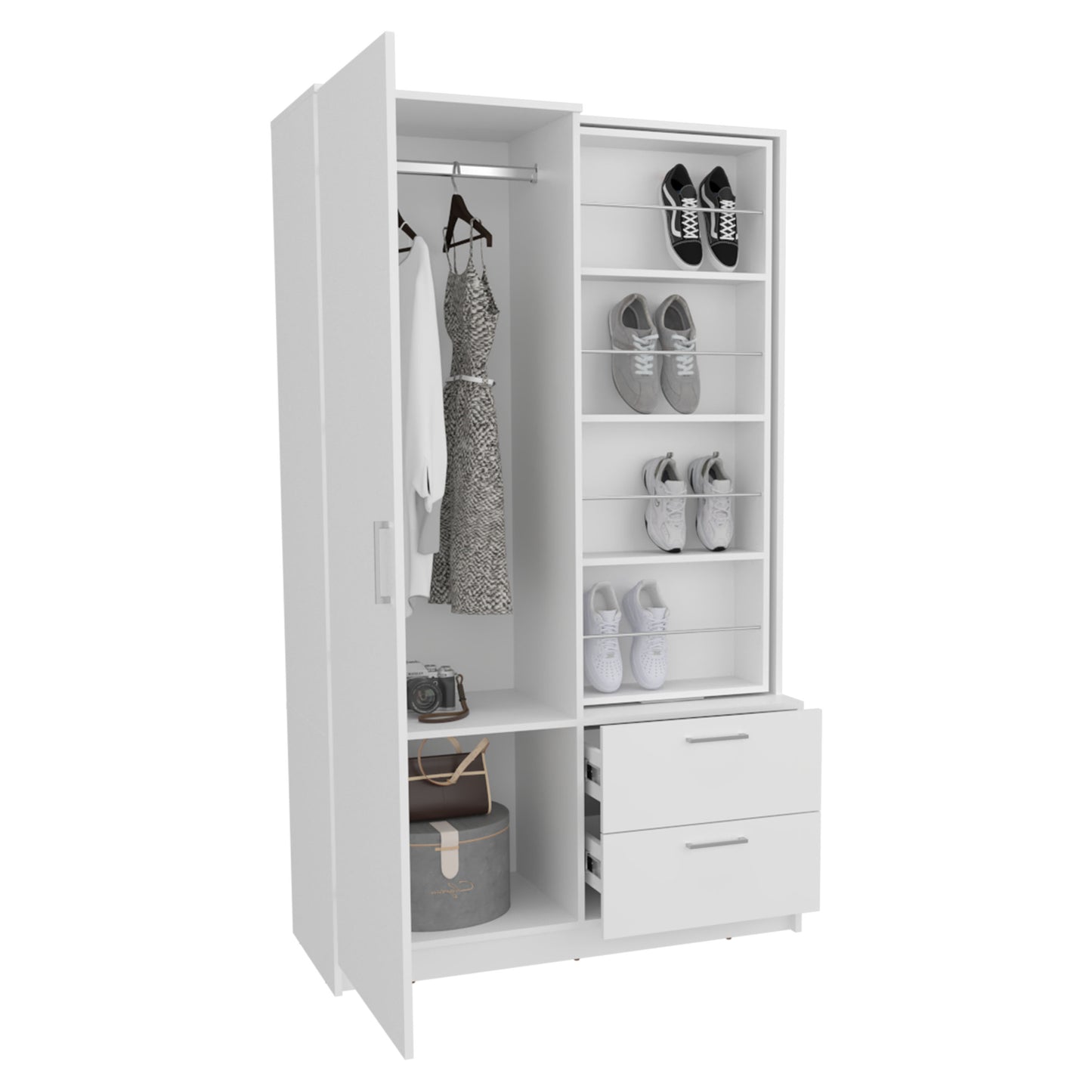 71" White Mirror Armoire with Two Drawers & Hanging Rod for Bedroom