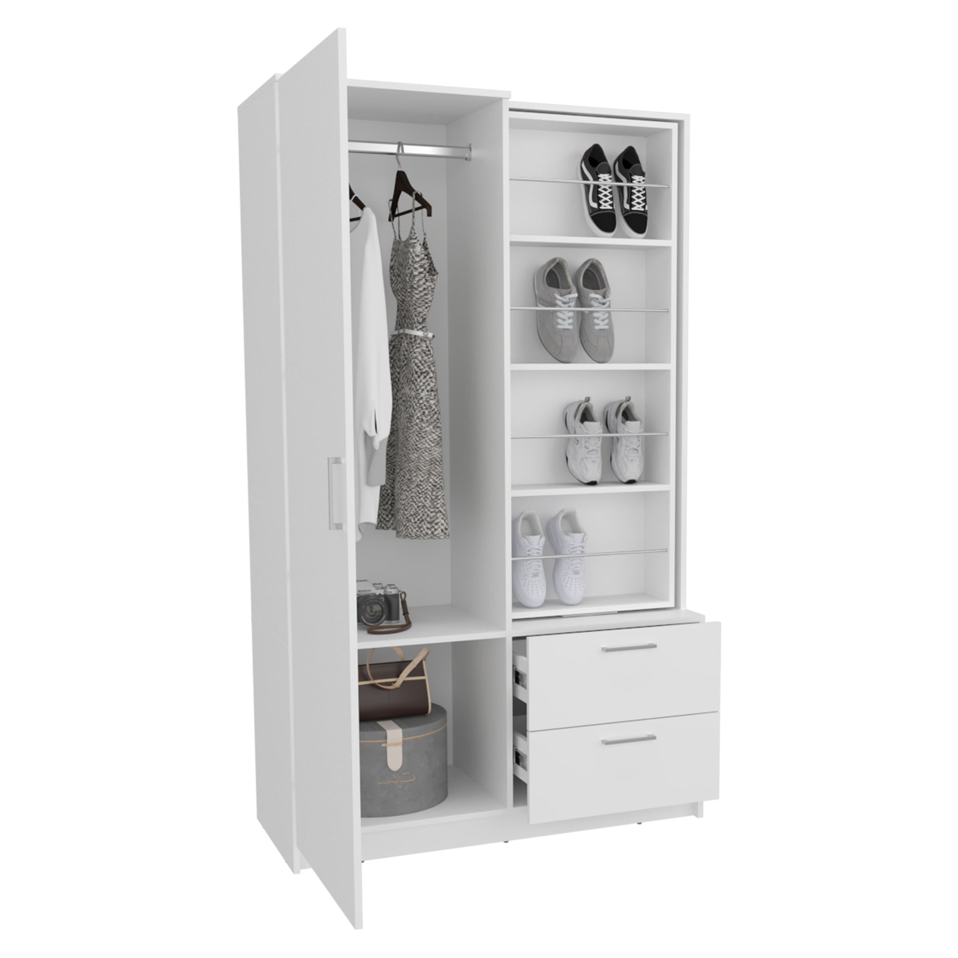 71" White Mirror Armoire with Two Drawers & Hanging Rod for Bedroom