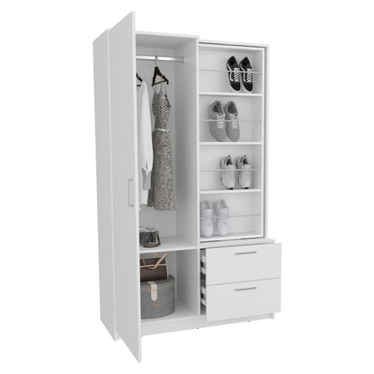 71" White Mirror Armoire with Two Drawers & Hanging Rod for Bedroom