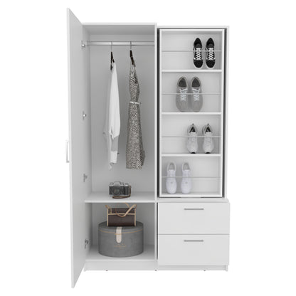 71" White Mirror Armoire with Two Drawers & Hanging Rod for Bedroom