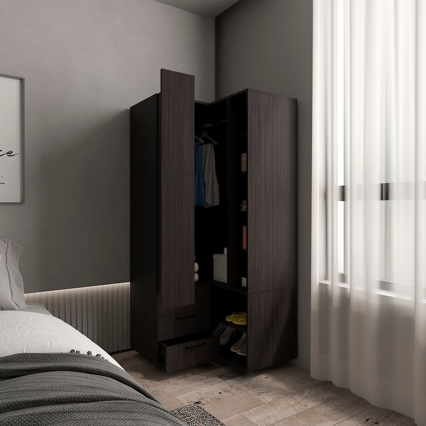 Black Corner Armoire - Space-Saving Storage for Bedroom