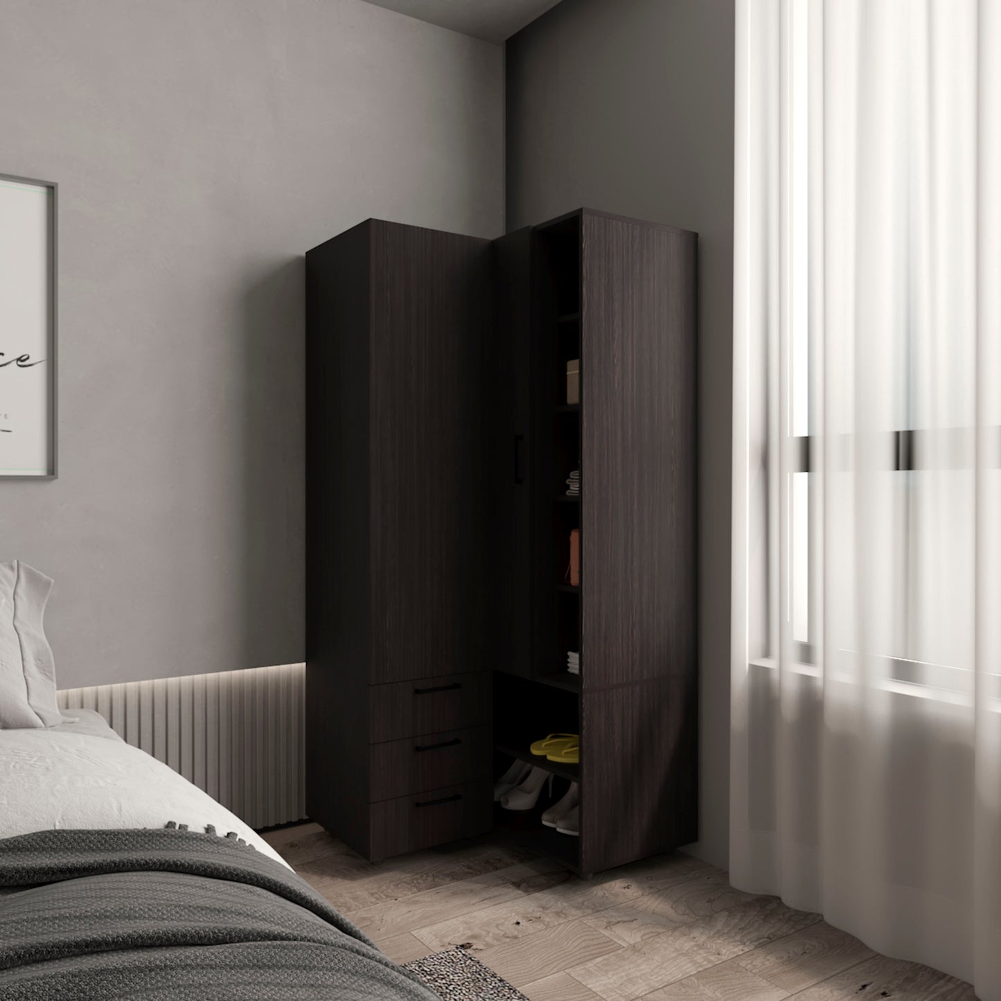Toulouse Corner Armoire With Double Doors And Interior Shelves, Space-Saving Wardrobe, Black