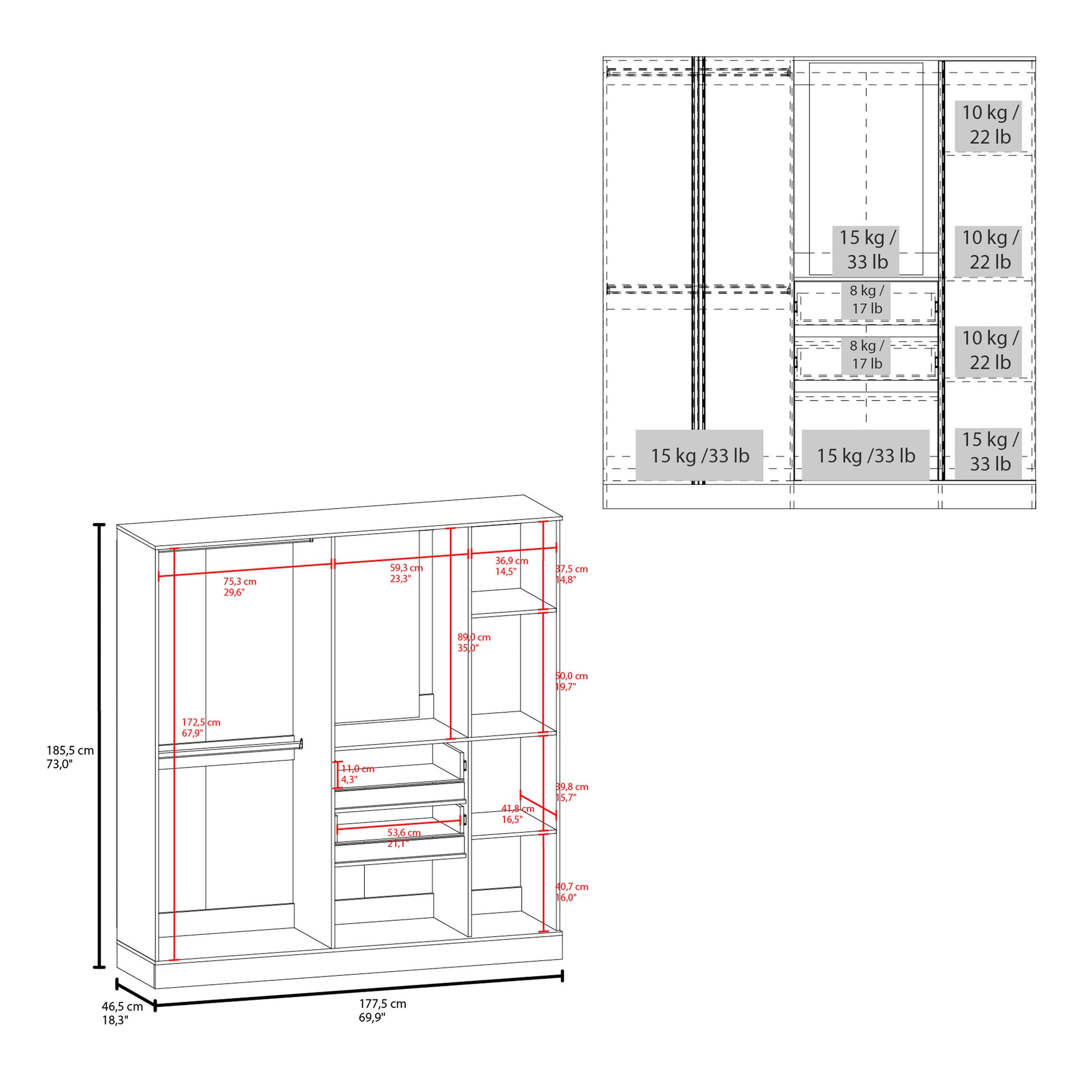 1.80m White Bedroom Dresser with Hanging Rod