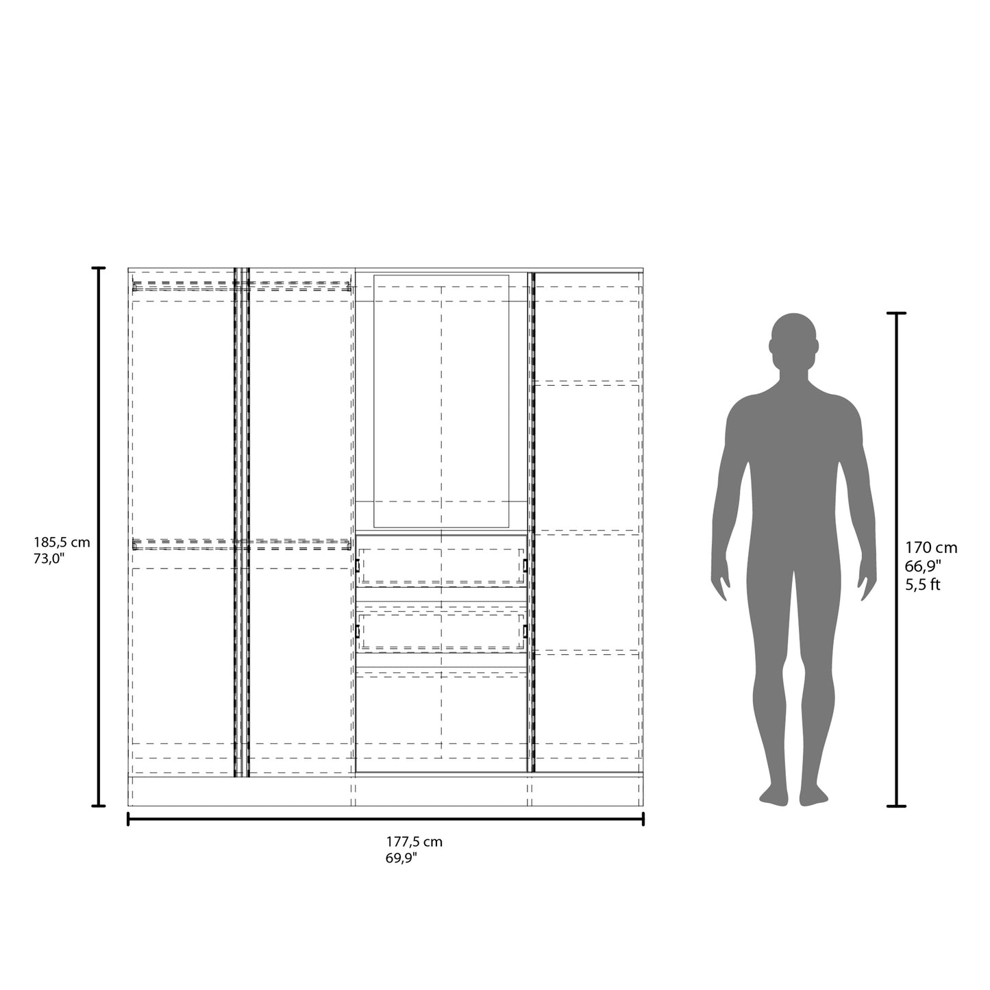 1.80m White Bedroom Dresser with Hanging Rod