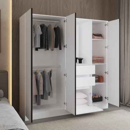 1.80m White Bedroom Dresser with Hanging Rod