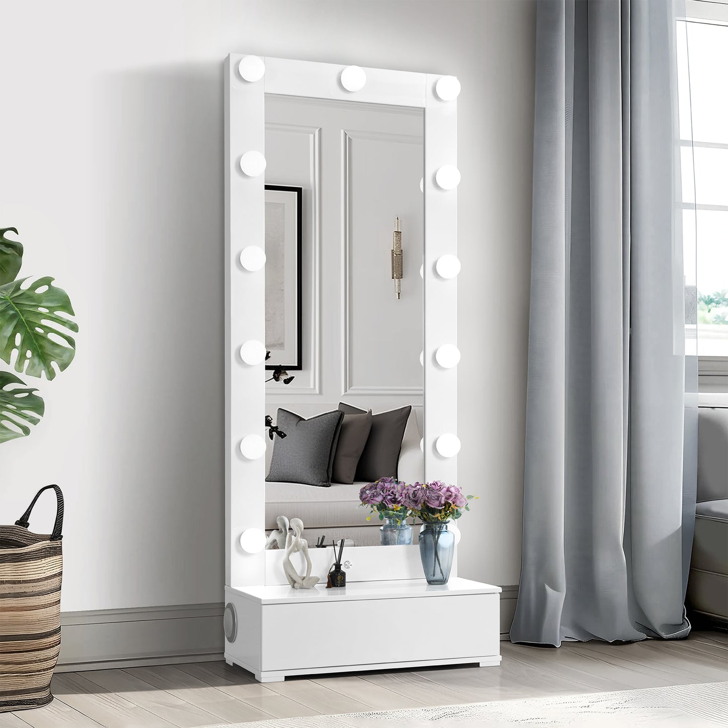 ELISA WHITE NARROW TALL MIRROR WITH SPEAKER AND DRAWER
