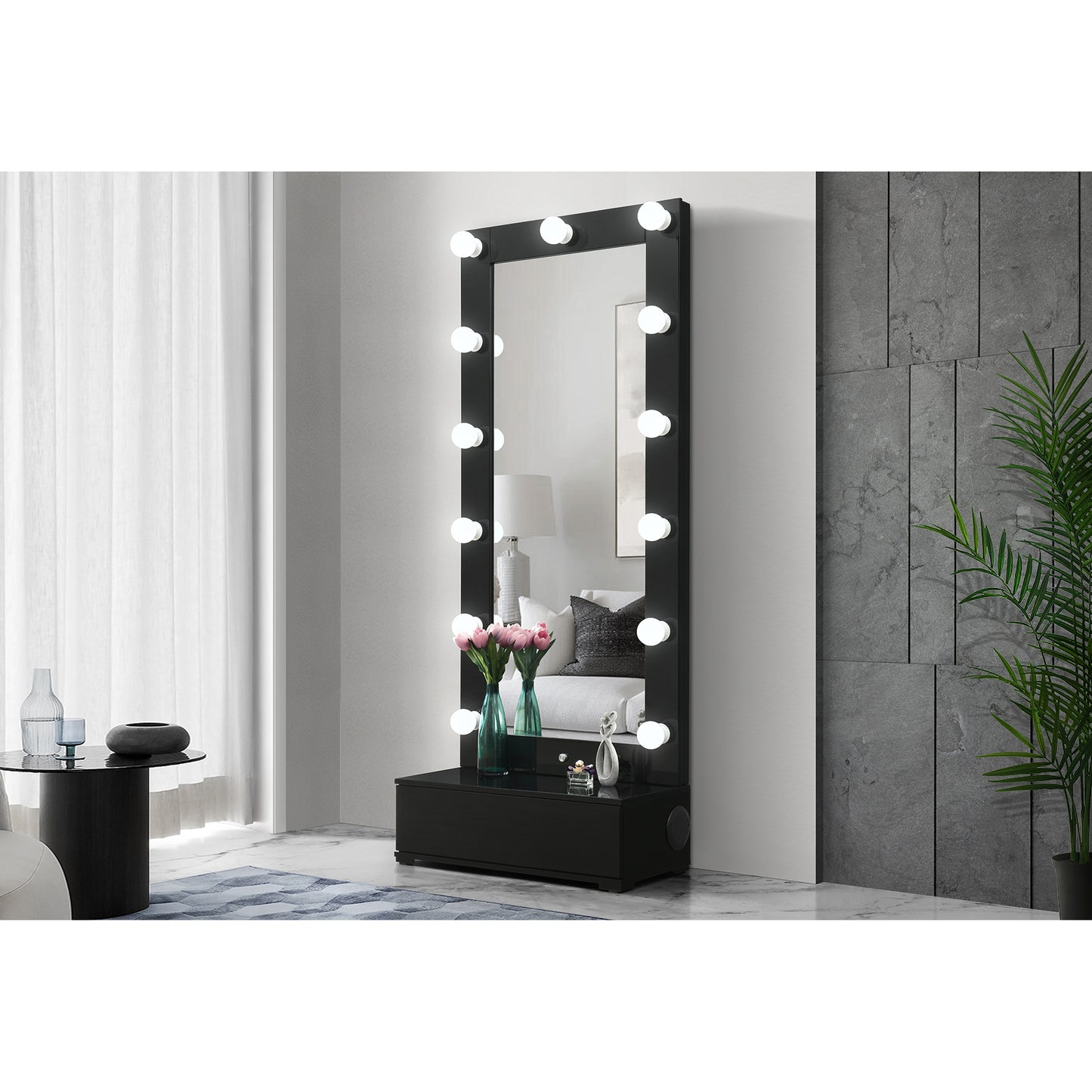 ELISA BLACK NARROW TALL MIRROR WITH SPEAKER AND DRAWER