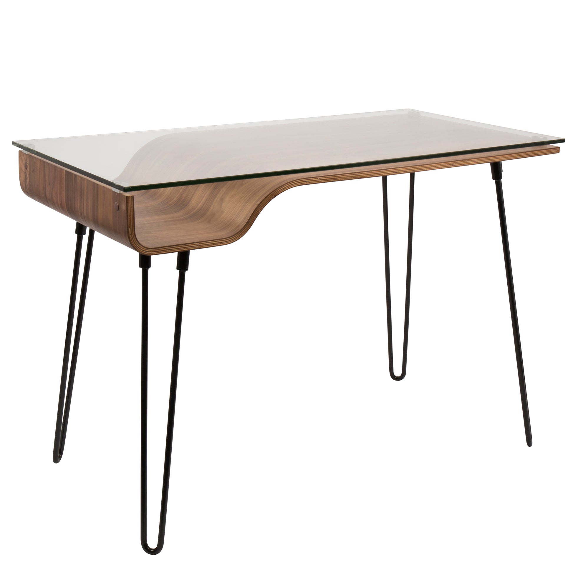 Avery Mid-Century Modern Desk in Walnut Wood, Clear Glass, and Black Metal
