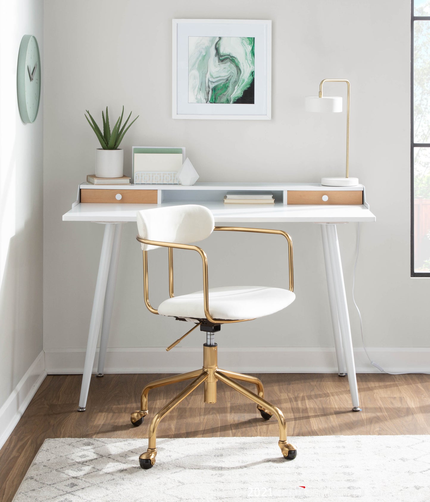 White Steel Desk with Storage - Natural Wood Accents