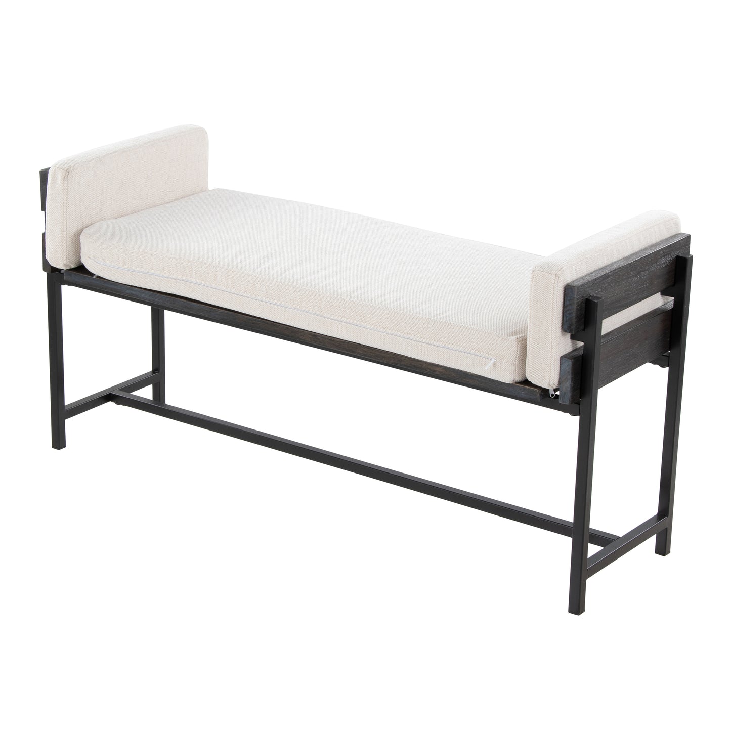 Cream Fabric Farmhouse Bench with Wood and Metal Frame for Bedroom