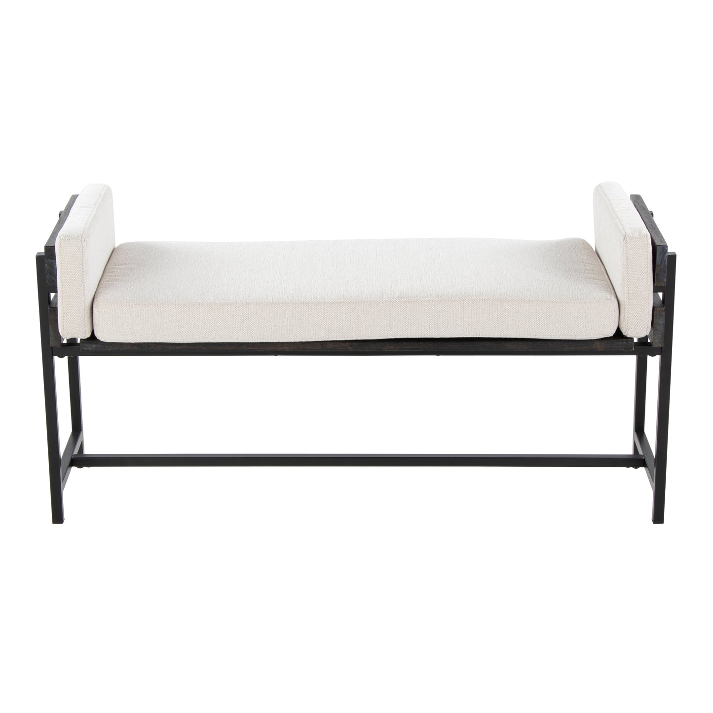 Cream Fabric Farmhouse Bench with Wood and Metal Frame for Bedroom